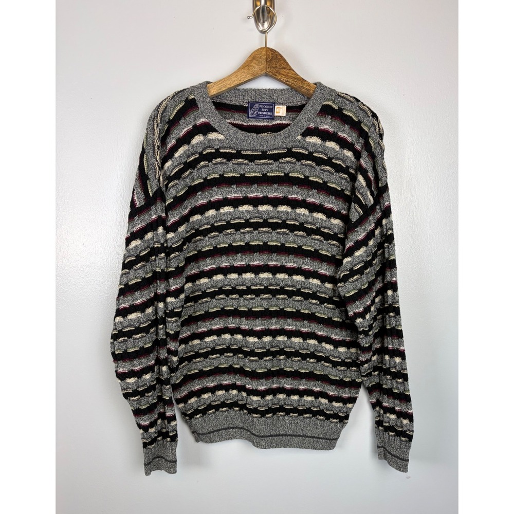 Peconic Bay Traders Vintage 90s Mens Large 3D Knit Stripe Cotton Sweater Grandpa